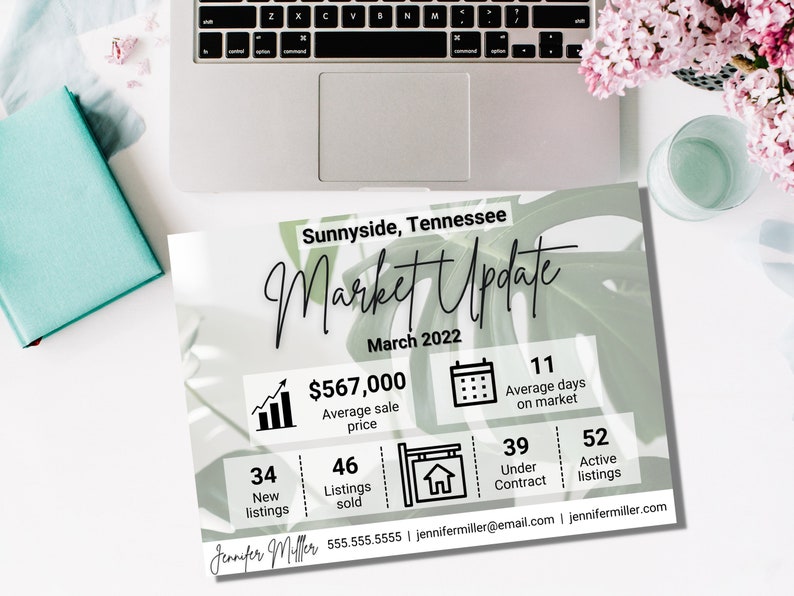 May include: A green and white graphic with a leafy design and the text "Sunnyside, Tennessee Market Update March 2022". The graphic includes statistics about the real estate market, such as the average sale price, number of new listings, listings sold, average days on market, and active listings.