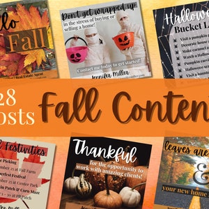 May include: A collage of images promoting fall and Halloween activities. The images feature fall leaves, pumpkins, a child dressed as a mummy, and a list of Halloween bucket list items. The text "28 Posts Fall Content" is displayed in the center of the collage.