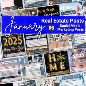 May include: A collage of 93 social media marketing posts for real estate agents, featuring a blue banner with the text "January Real Estate Posts 93 Social Media Marketing Posts". The posts include images and text related to the real estate industry, such as home buying tips, market predictions, and local events.