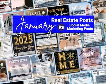 May include: A collage of 93 social media marketing posts for real estate agents, featuring a blue banner with the text "January Real Estate Posts 93 Social Media Marketing Posts". The posts include images and text related to the real estate industry, such as home buying tips, market predictions, and local events.