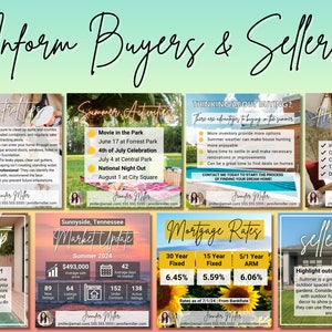 K&ouml;nnte beinhalten: Eine Collage aus neun bunten Social-Media-Posts mit Tipps f&uuml;r Hausk&auml;ufer und -verk&auml;ufer. Die Posts beinhalten Informationen zu Sch&auml;dlingsbek&auml;mpfung, Sommeraktivit&auml;ten, Hypothekenzinsen, Hauswartung und Immobilienmarkt-Updates. Die Posts sind so konzipiert, dass sie f&uuml;r potenzielle Hausk&auml;ufer und -verk&auml;ufer informativ und ansprechend sind.