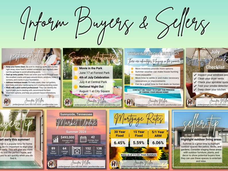 K&ouml;nnte beinhalten: Eine Collage aus neun bunten Social-Media-Posts mit Tipps f&uuml;r Hausk&auml;ufer und -verk&auml;ufer. Die Posts beinhalten Informationen zu Sch&auml;dlingsbek&auml;mpfung, Sommeraktivit&auml;ten, Hypothekenzinsen, Hauswartung und Immobilienmarkt-Updates. Die Posts sind so konzipiert, dass sie f&uuml;r potenzielle Hausk&auml;ufer und -verk&auml;ufer informativ und ansprechend sind.