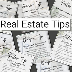 May include: A collage of real estate tips for both buyers and sellers. The tips are written in a white font on a gray background with a black border. The tips include: "Get a home inspection", "Work on boosting your credit score", "Get professional listing photos", "Try to be flexible when the market is competitive", "Figure out your down payment and closing cost budget", "Know how to prepare for closing day".
