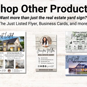 May include: A set of four real estate marketing flyers featuring a house, a real estate agent, a market update, and a 'just sold' announcement. The flyers are designed with a modern, clean aesthetic and feature a consistent colour scheme of blue, green, and white.