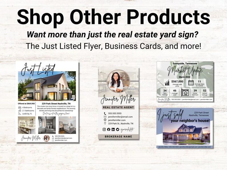 May include: A set of four real estate marketing flyers featuring a house, a real estate agent, a market update, and a 'just sold' announcement. The flyers are designed with a modern, clean aesthetic and feature a consistent colour scheme of blue, green, and white.