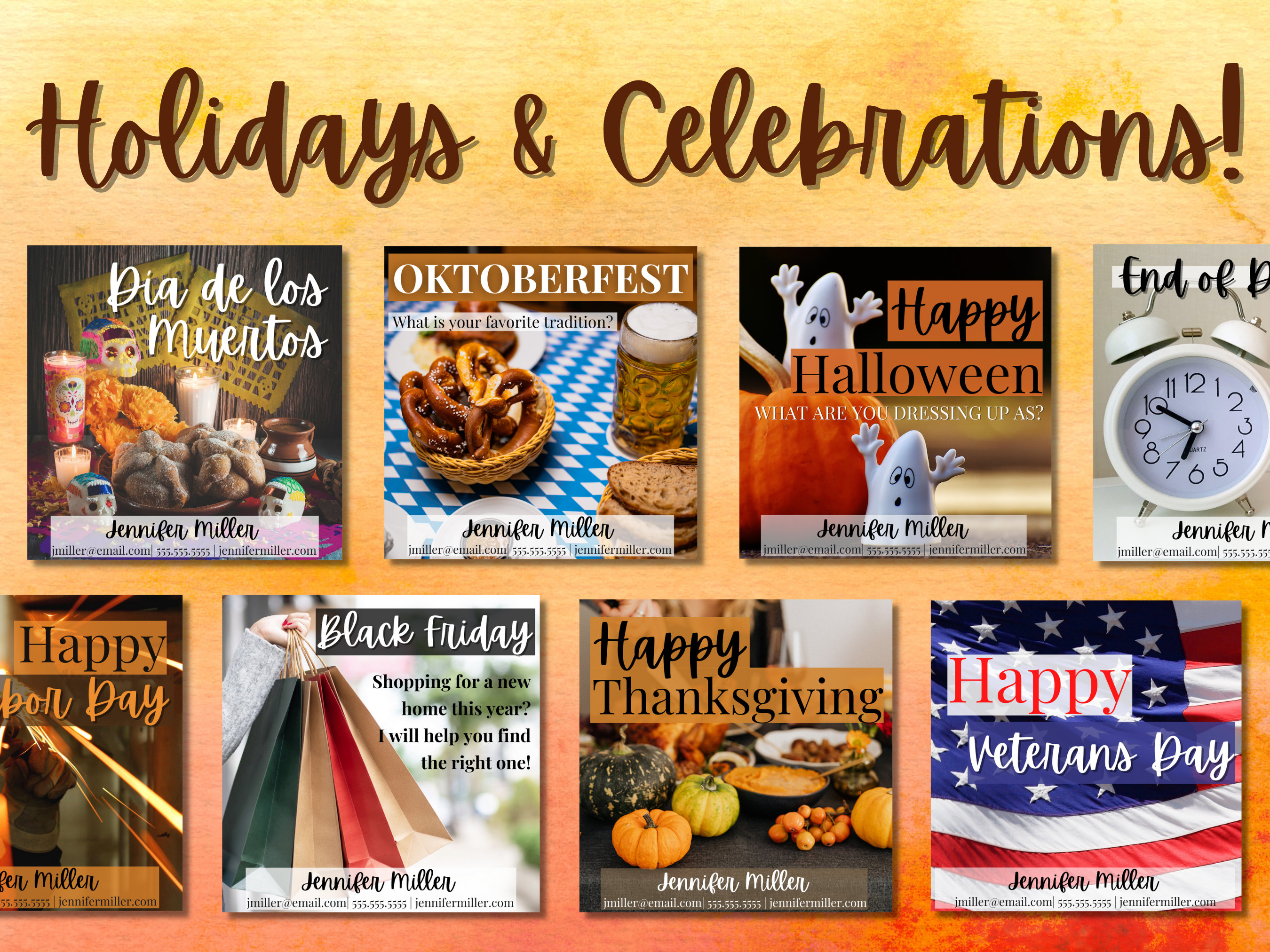 May include: A collage of nine colorful images promoting different holidays and celebrations. Each image features a festive theme, including Dia de los Muertos, Oktoberfest, Halloween, Thanksgiving, Veterans Day, and more. The images are designed with a consistent style and include text with the holiday name and a short message.