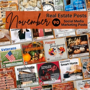 Könnte beinhalten: Eine Collage aus 90 Social-Media-Marketing-Posts für Immobilienmakler mit einem November-Thema. Die Posts beinhalten Bilder von Kürbissen, Truthähnen, Kuchen und anderen herbstlichen Motiven. Der Text auf den Posts enthält Sätze wie "Frohes Thanksgiving", "Veteranentag" und "Smart Home Day".