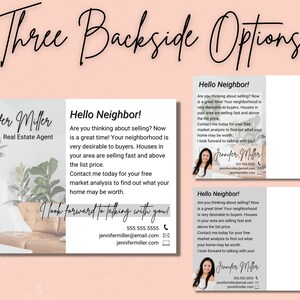 May include: Three real estate postcards with a photo of a living room, a headshot of a woman, and the text "Hello Neighbor!"  The text on the postcards reads: "Are you thinking about selling? Now is a great time! Your neighborhood is very desirable to buyers. Houses in your area are selling fast and above the list price. Contact me today for your free market analysis to find out what your home may be worth. I look forward to talking with you!"  The postcards also include the woman's name, phone number, email address, and website.