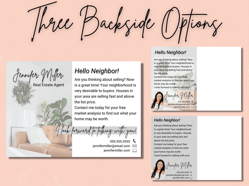 May include: Three real estate postcards with a photo of a living room, a headshot of a woman, and the text "Hello Neighbor!"  The text on the postcards reads: "Are you thinking about selling? Now is a great time! Your neighborhood is very desirable to buyers. Houses in your area are selling fast and above the list price. Contact me today for your free market analysis to find out what your home may be worth. I look forward to talking with you!"  The postcards also include the woman's name, phone number, email address, and website.