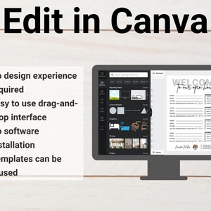 May include: A computer screen displays a Canva design interface with the text "Edit in Canva" at the top. The screen shows a real estate open house template. Text on the left side lists features: no design experience required, easy drag-and-drop, no software installation, and reusable templates.