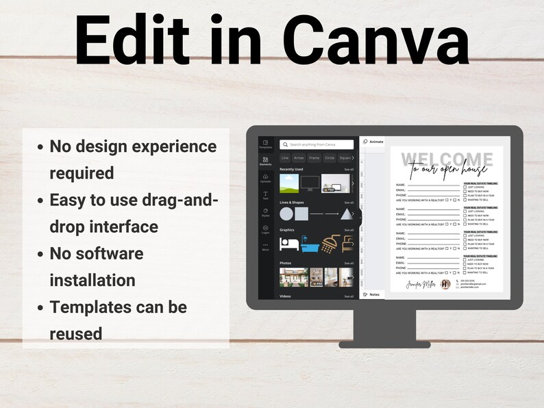 May include: A computer screen displays a Canva design interface with the text "Edit in Canva" at the top. The screen shows a real estate open house template. Text on the left side lists features: no design experience required, easy drag-and-drop, no software installation, and reusable templates.