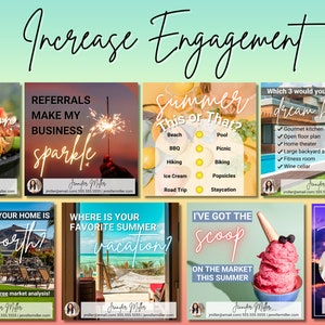 K&ouml;nnte beinhalten: Neun farbenfrohe Social-Media-Post-Designs mit Text&uuml;berlagerungen. Die Posts zeigen Bilder von einem Grillabend im Garten, einem Funken, einem Strand, einem Pool, einem Haus, einem Sommerurlaub, Eiscreme und einer Frau. Der Text auf den Posts enth&auml;lt S&auml;tze wie "Gartenzeit", "Empfehlungen lassen mein Gesch&auml;ft gl&auml;nzen", "Sommer: Das oder Das", "Wo ist Ihr Lieblings-Sommerurlaub?", "Ich habe den Scoop auf dem Markt diesen Sommer", "Welche 3 w&uuml;rden Sie f&uuml;r Ihr Traumhaus w&auml;hlen?" und "Hallo! Ich freue mich darauf, mit Ihnen an Ihrem Hauskaufprojekt zu arbeiten."