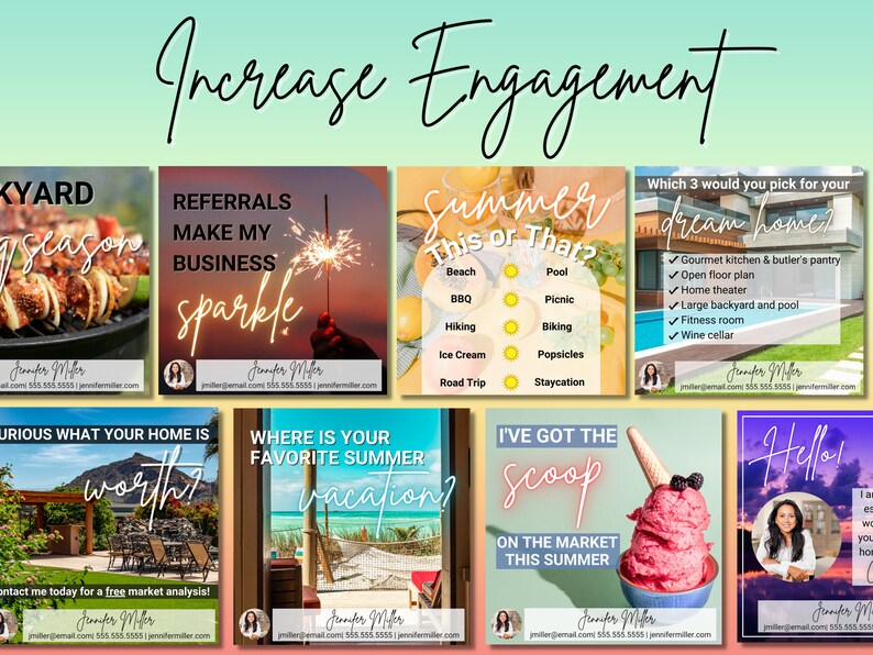 K&ouml;nnte beinhalten: Neun farbenfrohe Social-Media-Post-Designs mit Text&uuml;berlagerungen. Die Posts zeigen Bilder von einem Grillabend im Garten, einem Funken, einem Strand, einem Pool, einem Haus, einem Sommerurlaub, Eiscreme und einer Frau. Der Text auf den Posts enth&auml;lt S&auml;tze wie "Gartenzeit", "Empfehlungen lassen mein Gesch&auml;ft gl&auml;nzen", "Sommer: Das oder Das", "Wo ist Ihr Lieblings-Sommerurlaub?", "Ich habe den Scoop auf dem Markt diesen Sommer", "Welche 3 w&uuml;rden Sie f&uuml;r Ihr Traumhaus w&auml;hlen?" und "Hallo! Ich freue mich darauf, mit Ihnen an Ihrem Hauskaufprojekt zu arbeiten."