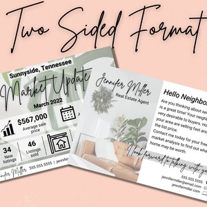 May include: A real estate market update postcard with a green leafy background. The postcard features a chart showing 34 new listings and 46 listings sold. The average sale price is $567,000. The text "Market Update" is in a bold, handwritten font. The postcard also includes a calendar icon and a house icon. The back of the postcard features a photo of a living room with a brown leather couch and a green plant. The text "Hello Neighbor!" is in a bold, handwritten font. The text includes information about the real estate agent, Jennifer Miller, and her contact information.