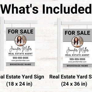 May include: Two real estate yard signs with a black and white design. The signs feature the text "FOR SALE" in black text on a white background. The signs also include a photo of a woman, the text "Jennifer Miller", "REAL ESTATE AGENT", a phone number, a website address, and "BROKERAGE NAME". The signs are available in two sizes: 46 x 61 cm and 61 x 91 cm.