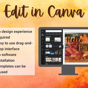 May include: A computer screen displaying the Canva design platform with a fall-themed graphic design featuring the text "Hello Fall" and a real estate agent's contact information. The text "Edit in Canva" is written in brown cursive on a watercolor background.