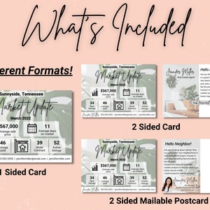 May include: A real estate market update card with a green leafy background. The card shows the average sale price, number of new listings, listings sold, under contract, and active listings for Sunnyside, Tennessee. The card also includes the average days on market. The card is available in three formats: one-sided card, two-sided card, and two-sided mailable postcard.