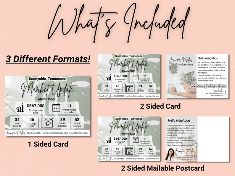 May include: A real estate market update card with a green leafy background. The card shows the average sale price, number of new listings, listings sold, under contract, and active listings for Sunnyside, Tennessee. The card also includes the average days on market. The card is available in three formats: one-sided card, two-sided card, and two-sided mailable postcard.
