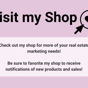 Puede incluir: Un fondo rosa con texto negro que dice "Visita mi tienda" con un icono de coraz&oacute;n negro en un c&iacute;rculo. Debajo del texto hay una caja blanca con texto negro que dice "&iexcl;Visita mi tienda para obtener m&aacute;s de tus necesidades de marketing inmobiliario! &iexcl;Aseg&uacute;rate de agregar mi tienda a tus favoritos para recibir notificaciones de nuevos productos y ventas!"