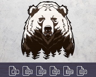 May include: A black and white silhouette of a bear's head with a forest of pine trees at the bottom. The bear's head is facing forward with a serious expression. The image is suitable for use as a design for a logo, sticker, or other graphic.