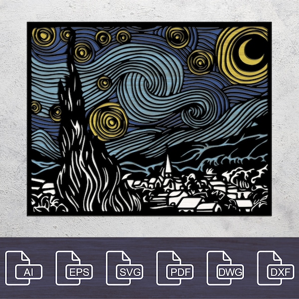 Digital File - 5 layer Laser cut files, DXF, SVG, Multi-layer files, Layered Starry Night, CNC plan