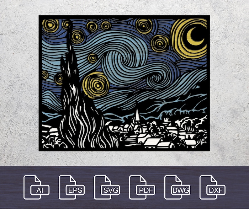 May include: A black and white digital illustration of Vincent van Gogh's Starry Night. The image features a swirling night sky with a large yellow moon and a village in the foreground.