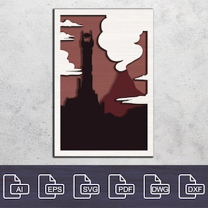 May include: A digital file for a laser cut design of a dark tower with a red mountain and white clouds in the background. The design is perfect for creating a decorative piece for your home or office.