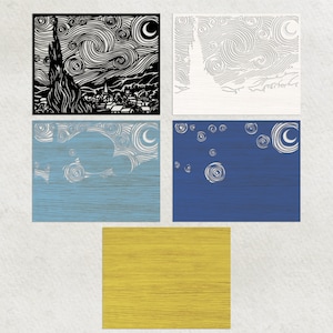 May include: Four different versions of a famous painting, "Starry Night" by Vincent van Gogh. The first version is a black and white silhouette of the painting. The second version is a white silhouette of the painting on a white background. The third version is a blue silhouette of the painting on a light blue background. The fourth version is a yellow silhouette of the painting on a yellow background.
