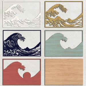 May include: Four different versions of the Great Wave off Kanagawa woodblock print. The first is white, the second is brown, the third is blue, and the fourth is red.