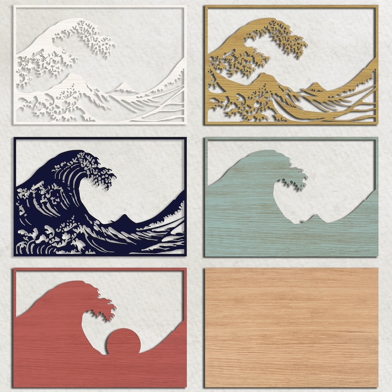 May include: Four different versions of the Great Wave off Kanagawa woodblock print. The first is white, the second is brown, the third is blue, and the fourth is red.
