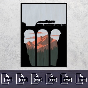 Peut inclure: Une silhouette noire d'un train traversant un pont au-dessus d'un paysage montagneux. Les montagnes sont d'un orange et d'un rouge vifs, avec un ciel bleu et des nuages blancs en arrière-plan.