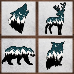 Peut inclure: Quatre images en silhouette d'animaux avec un paysage de montagne et de forêt à l'intérieur. Les animaux sont un loup hurlant à la lune, un cerf, un ours et un hibou. Les images sont de couleur bleu sarcelle.