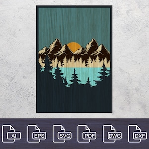 Digital File - 6 layer Laser cut files, DXF, SVG, Multi-layer files, Snowy Mountain, CNC plan