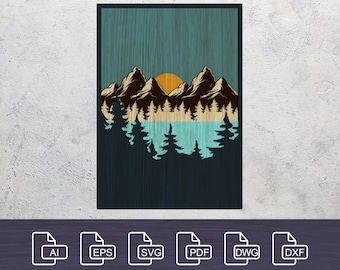 Digital File - 6 layer Laser cut files, DXF, SVG, Multi-layer files, Snowy Mountain, CNC plan