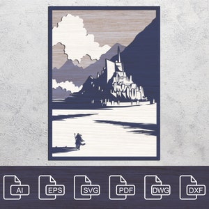 May include: A digital file for a laser cut design of a castle in a mountainous landscape with a person on horseback in the foreground. The design is in shades of blue and white.