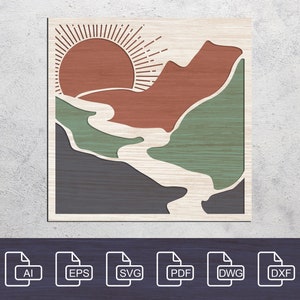 May include: A digital design featuring a stylised landscape with a sun, mountains, and a river. The design is in shades of brown, green, and grey.