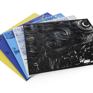May include: A set of five layered stencils featuring a black and white cutout design of Vincent van Gogh's "Starry Night" painting. The stencils are layered in shades of yellow, blue, and white.