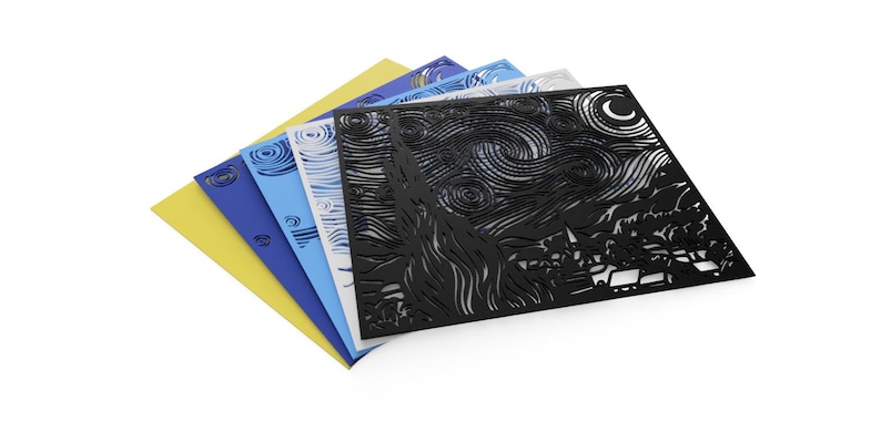 May include: A set of five layered stencils featuring a black and white cutout design of Vincent van Gogh's "Starry Night" painting. The stencils are layered in shades of yellow, blue, and white.