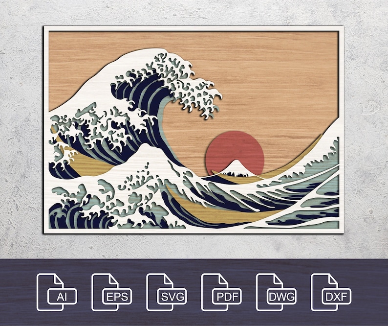 May include: A digital file for laser cutting a wood wall art design of the Great Wave off Kanagawa by Hokusai. The design features a large blue wave with white foam, a red sun, and a mountain in the background.