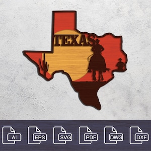 Digitaal bestand - 3-laags lasergesneden bestanden, DXF, SVG, meerlaagse bestanden, Texas Map, CNC-plan