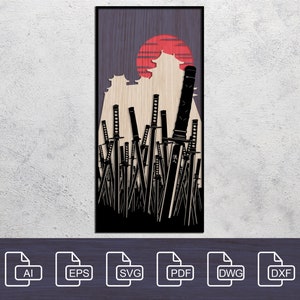 Digital File - 4 layer Laser cut files, DXF, SVG, Multi-layer files, Layered Katana Castle, CNC plan