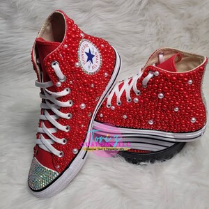 Red Pearl Rhinestone High-Top Converse, Bling Bridal Shoes