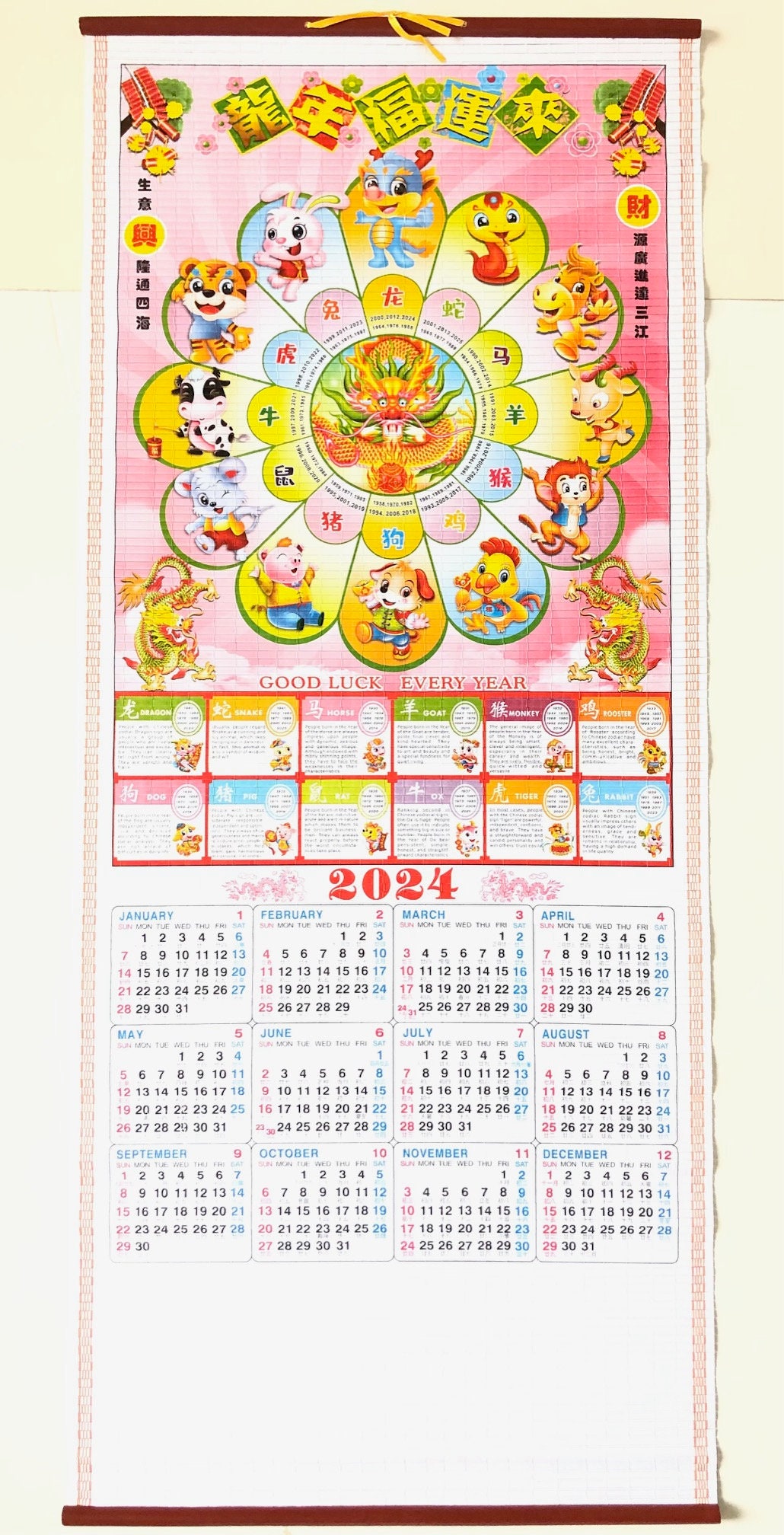 Calendrier mural chinois 2024 avec image de pandas SW07 -  France