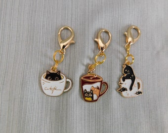 Coffee Cup Cat Zipper Pull/Clip on Charm, Purse, Planner, Keyring Accessory