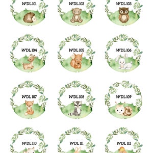 May include: Twelve watercolor illustrations of woodland animals in green leaf wreaths. Each wreath has a number from 101 to 112.