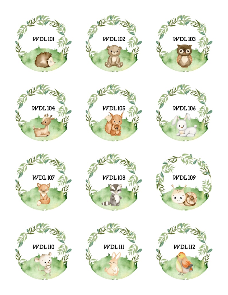 May include: Twelve watercolor illustrations of woodland animals in green leaf wreaths. Each wreath has a number from 101 to 112.