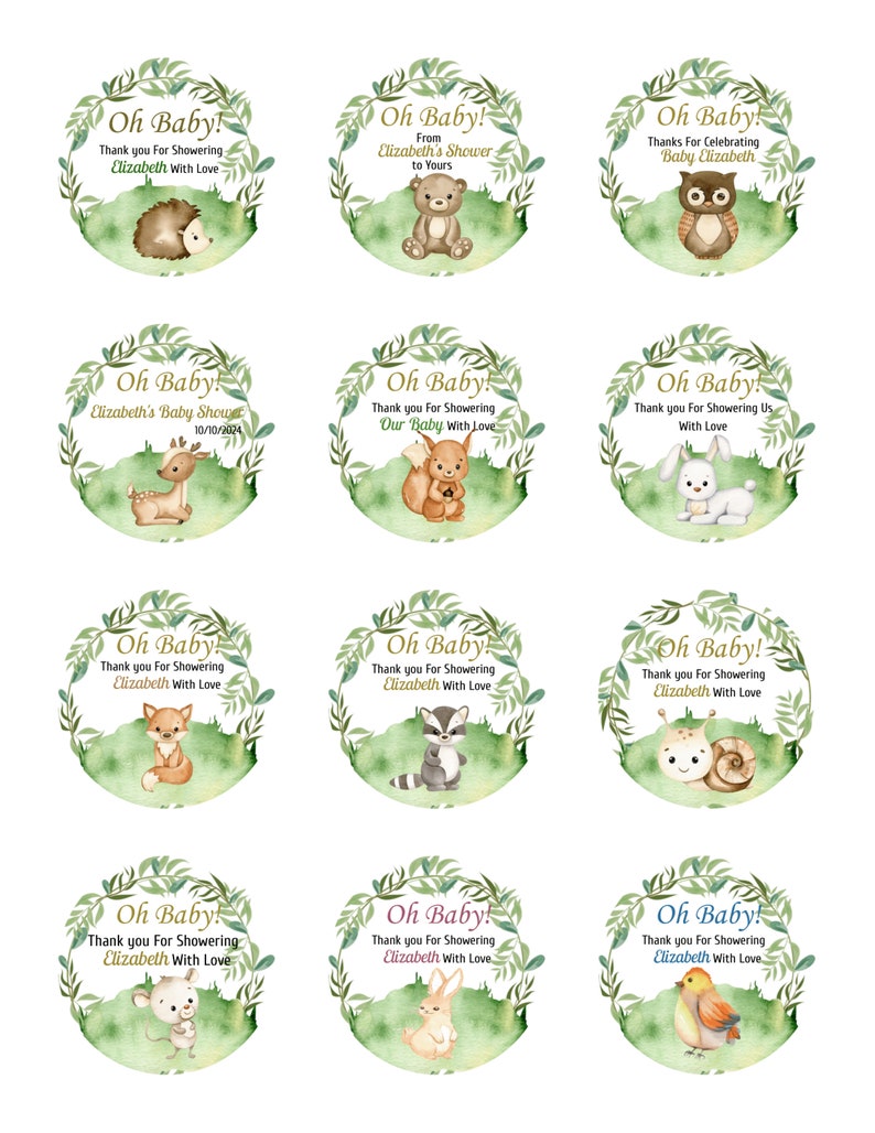 May include: Set of 10 round favor tags with a watercolor woodland theme. Each tag features a different animal, including a hedgehog, bear, owl, deer, squirrel, rabbit, fox, raccoon, snail, and bird. The tags are decorated with green leaves and the text "Oh Baby!" and "Thank you for showering Elizabeth with love."