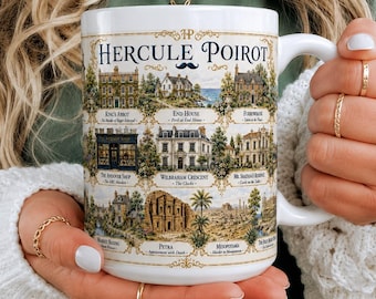 Hercule Poirot Ceramic Mug Agatha Christie Cup Map of Book Locations Illustrations Murder Mystery Book Art Mugs Detective Gift Ideas