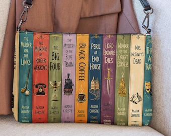 Agatha Christie Faux Leather Crossbody Bag Hercule Poirot Books Purse Watercolor Book Stack Artwork Murder Mystery Lover Gift Idea Bookish