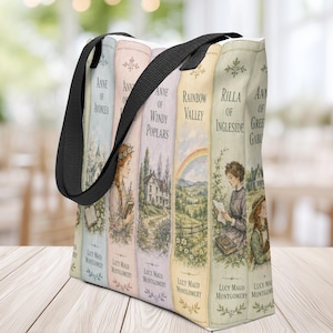 Torba na książki Lucy Maud Montgomery Books, zestaw książek, akwarele, ilustracje, torby vintage, dzieła sztuki z „Ani z Zielonego Wzgórza”, prezenty do czytania, torby podróżne